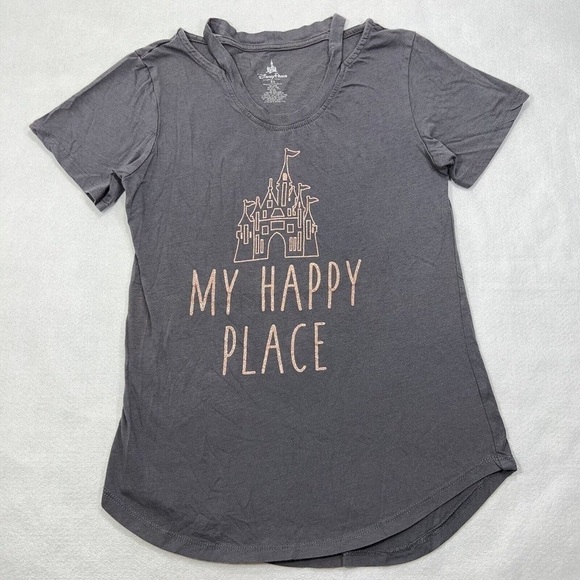 Disney World "MY HAPPY PLACE" Gray Rose Gold Glitter Castle Top Size Medium - Picture 1 of 8